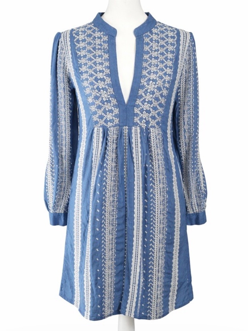 Zara Womens Medium Blue White Embroidered Boho Tunic Dress V-Neck Long Sleeve